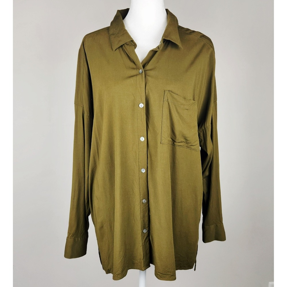 J. Jill Button Front Blouse 1X Olive Green Relaxed Lagenlook Oversized Flowy Top